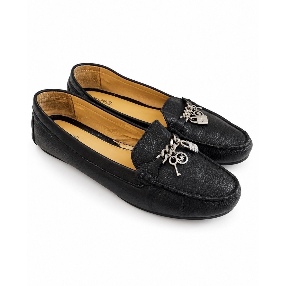 Michael Kors Black Pebbled Leather Charm Loafers Silver MK Padlock Key Flats 9.5